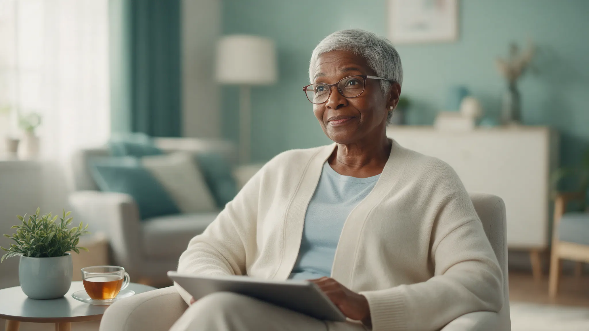 A woman in her seventies in an armchair at home, looking up from a tablet as she thinks about a question.