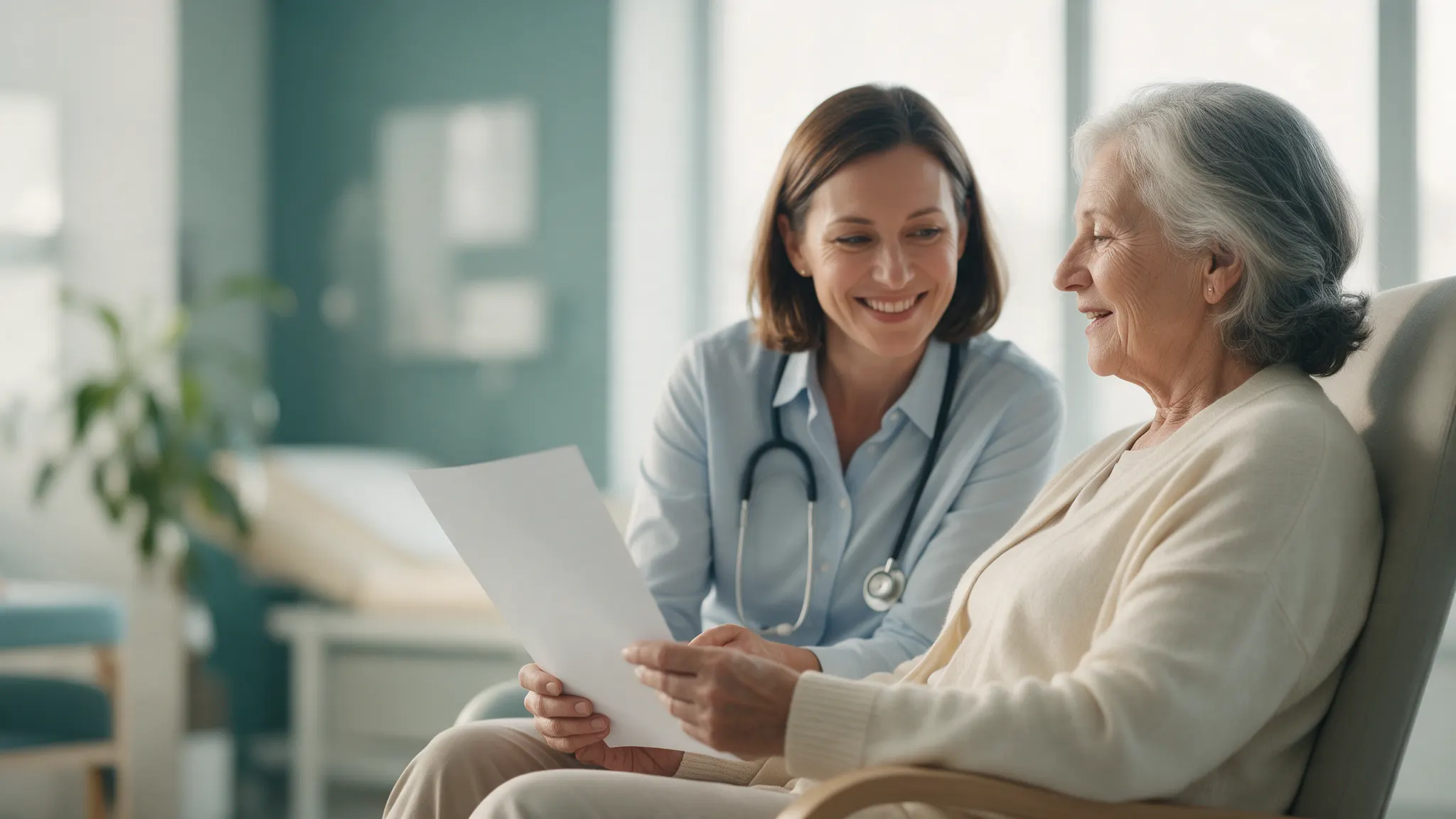 A woman in her seventies and her doctor reading her one-page summary together.